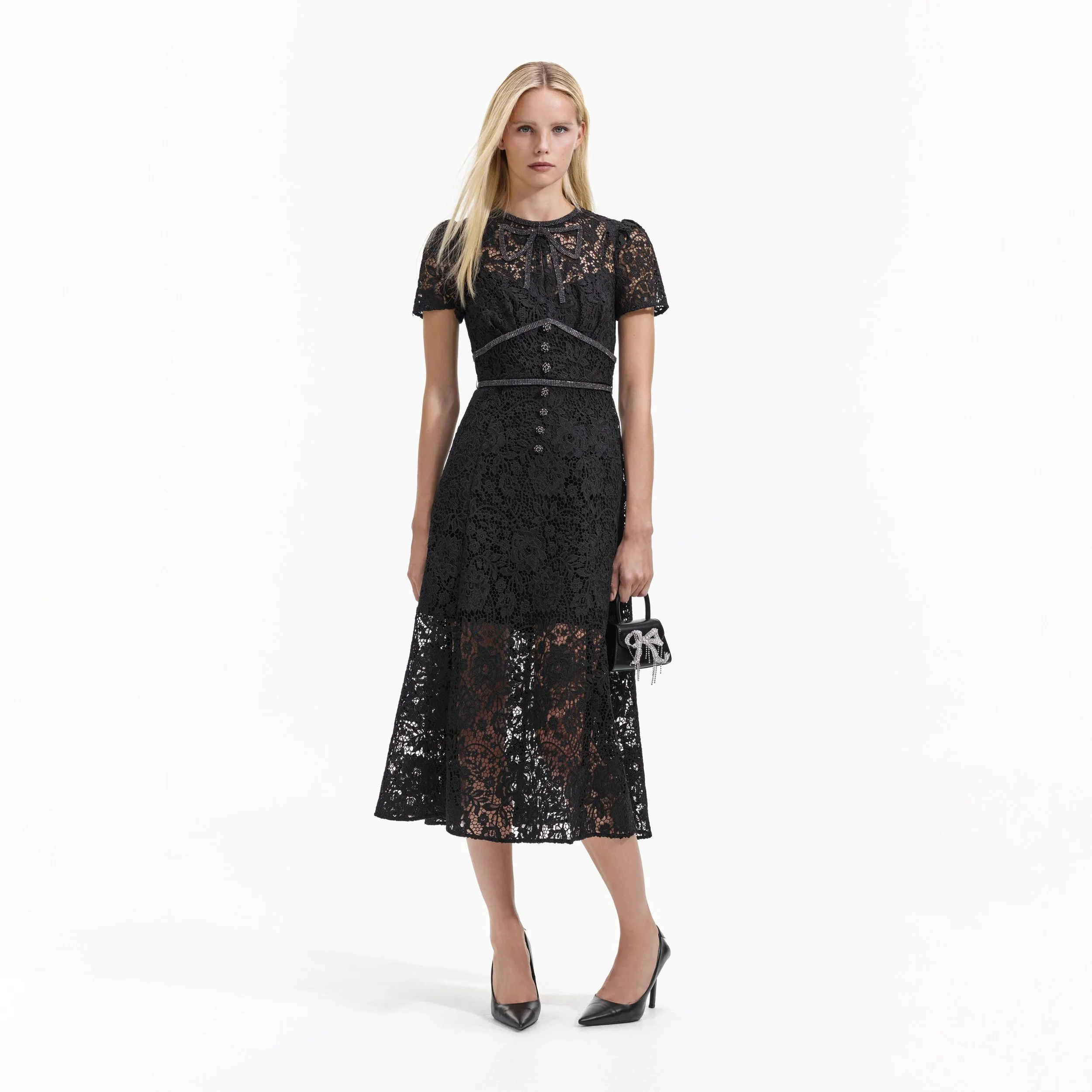 Self Portrait Cord Lace Bow Midi Dress in Black — UFO No More